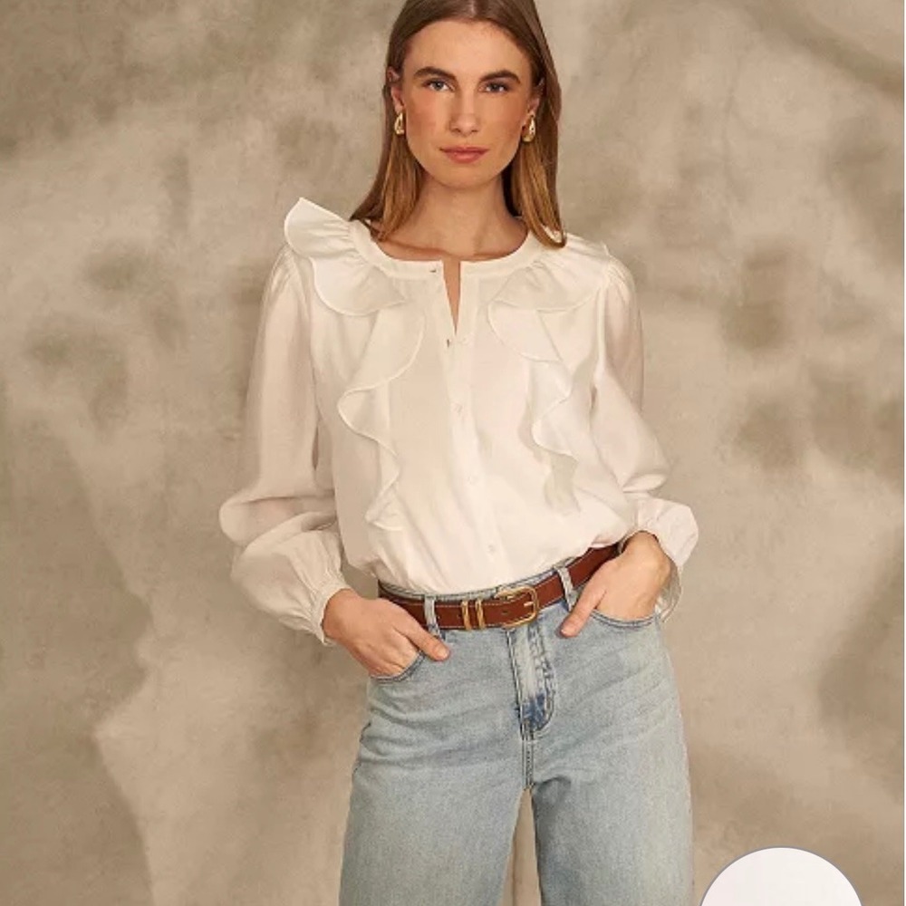 1. State White Ivory Button Front Ruffle Long Sleeve Blouse Top Women's Medium